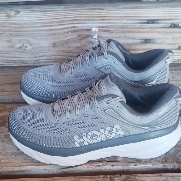 Hoka Bondi 7 Gray and White Athletic Shoes with Maximalist Cushioning - Picture 7 of 14